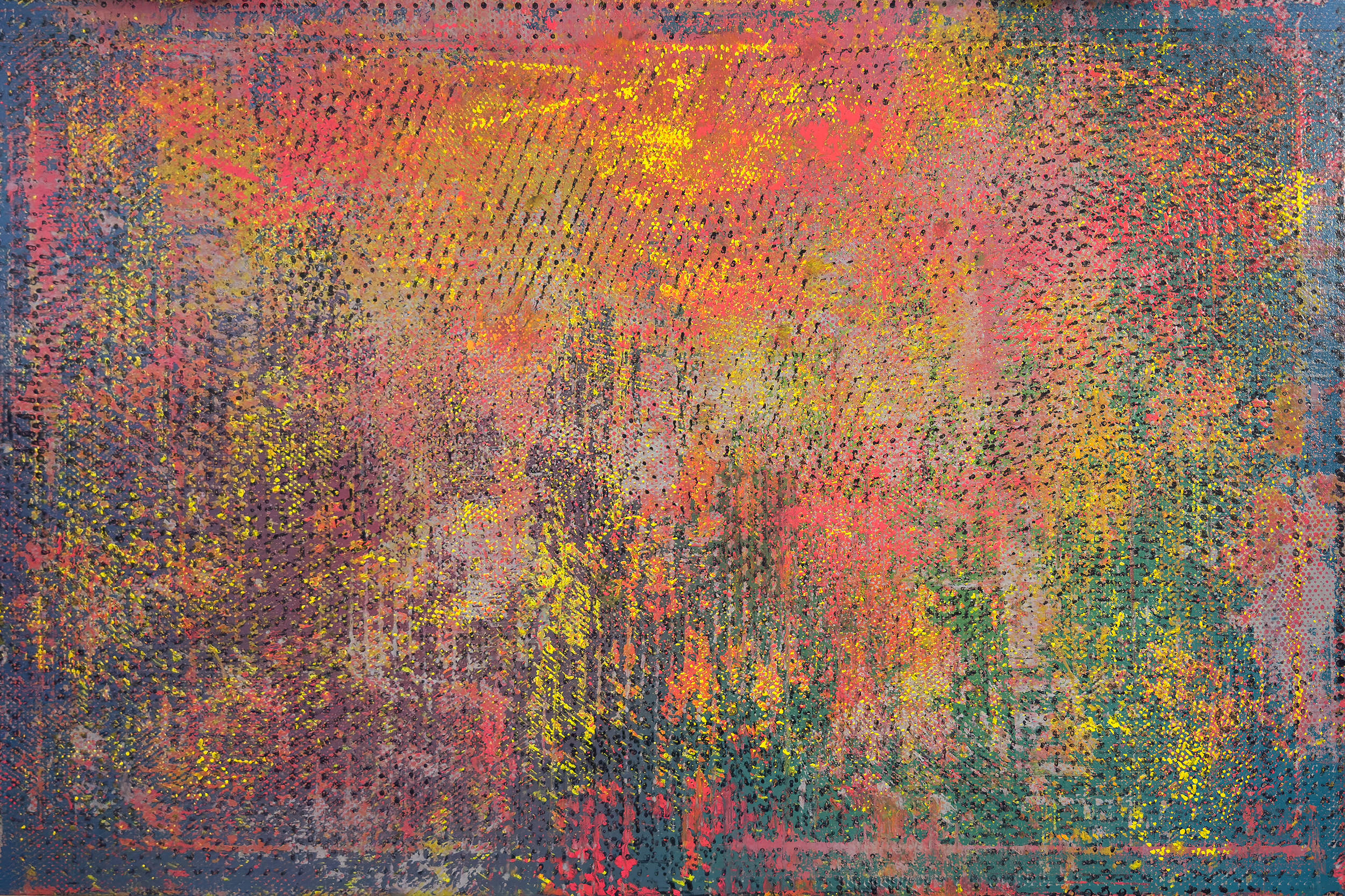 FALLS 2026, 
Oil on canvas, 
40 x 60 in (101.6 × 152.4 cm)
FALLS explores the sensation of a landscape dissolving into memory, light, and movement. Layers of pink, yellow, teal, and violet marks create a dense, atmospheric surface that suggests water