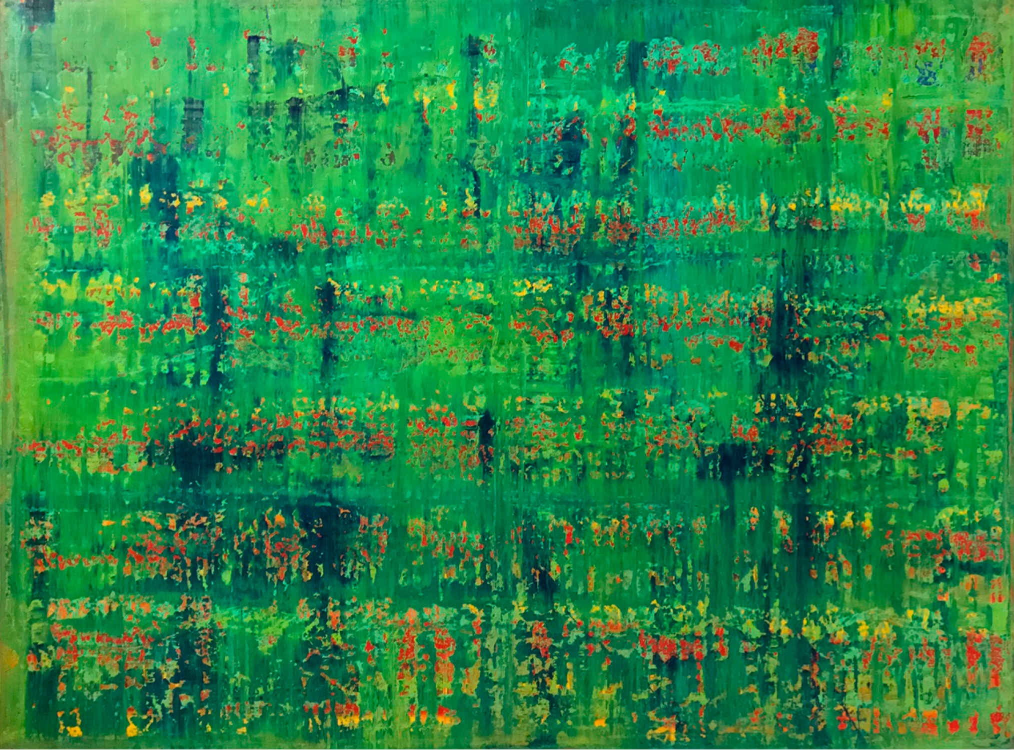 (SOLD) GREEN RED YELLOW, 2017. Oil and acrylic spray paint on canvas, 48 × 36 in (121.9 × 91.4 cm).