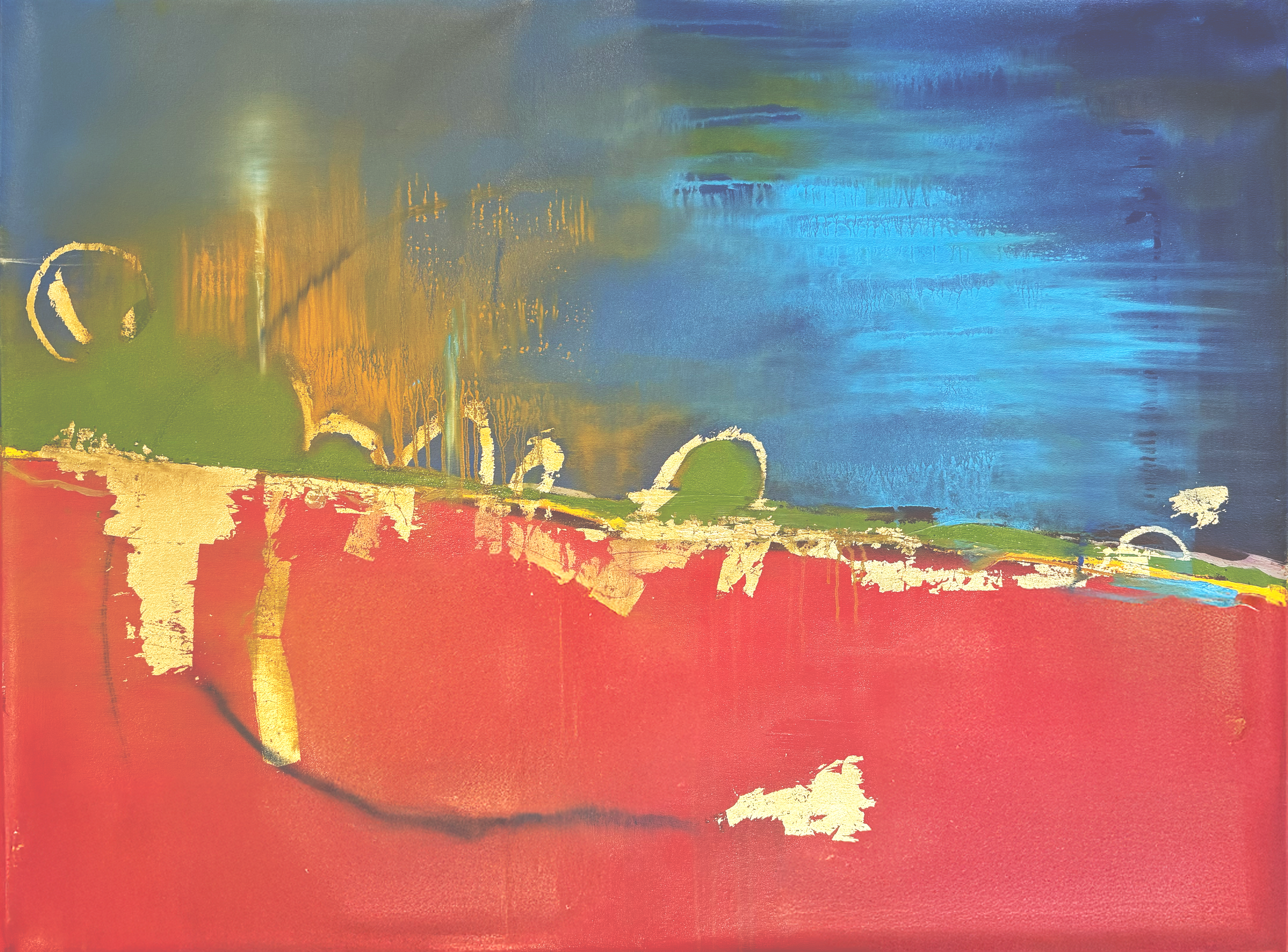 TRUMPMOIL, 2025. Oil and gold leaf on canvas, 48 × 36 in (121.9 × 91.4 cm).