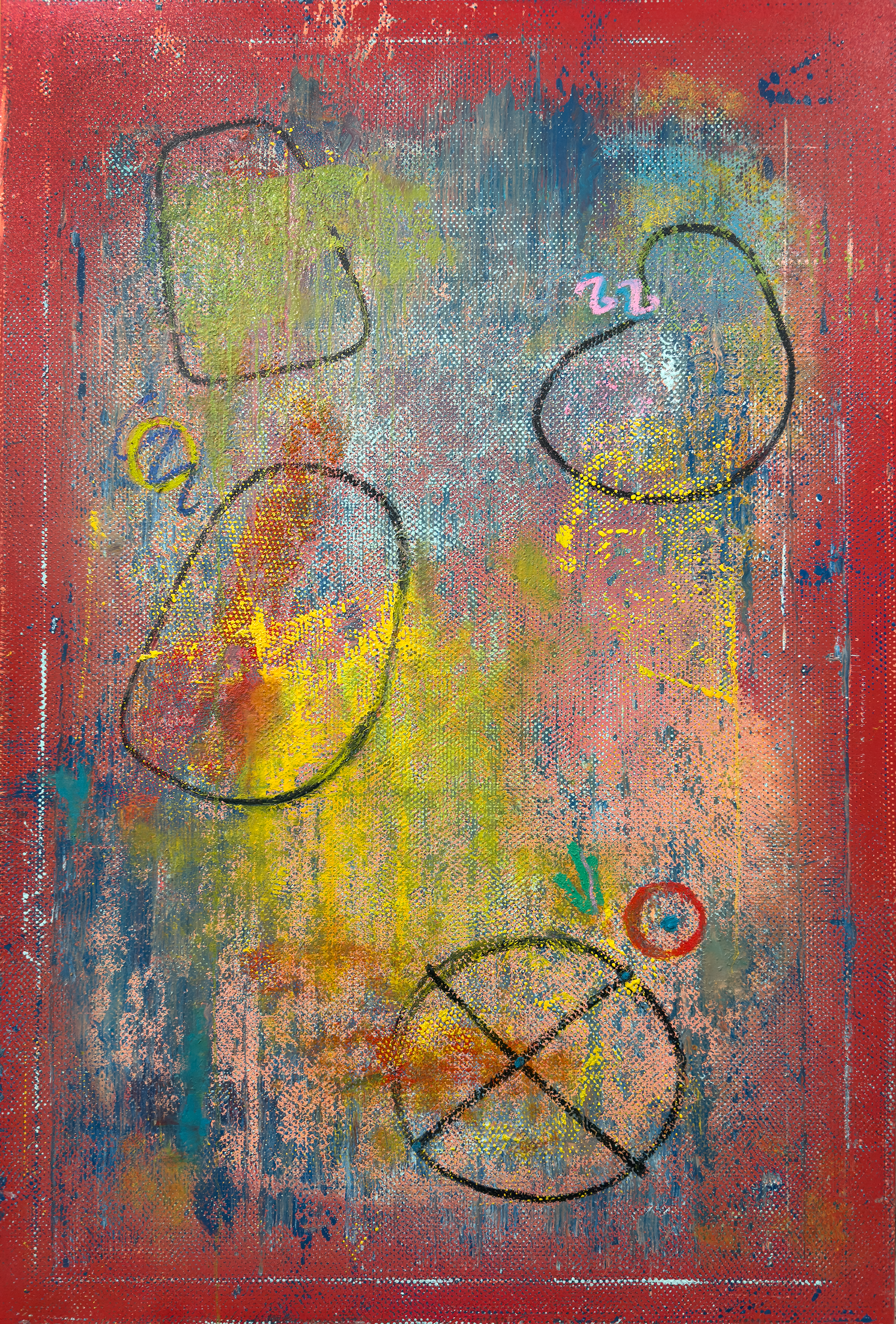 This painting explores memory, signal, and visual interruption. Layers of oil paint, texture, drawing, and erasure create graffiti like marks and loose forms that shift across a charged red ground, suggesting fragments of a wall, screen, or remembere