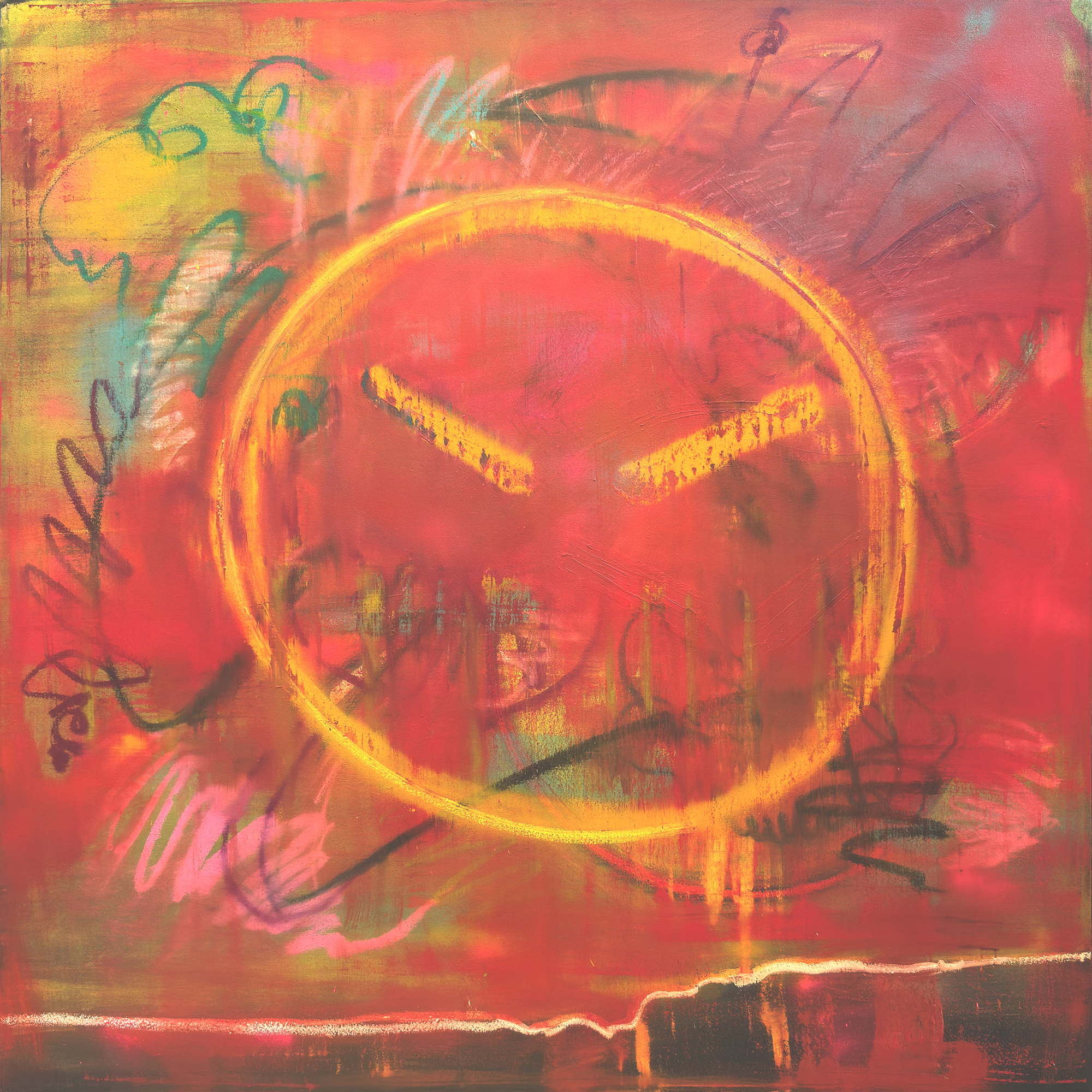 SMILEY #2 2025, Oil and oil sticks on canvas, 48 x 48 in sq (121.9 x (121.9 cm sq)