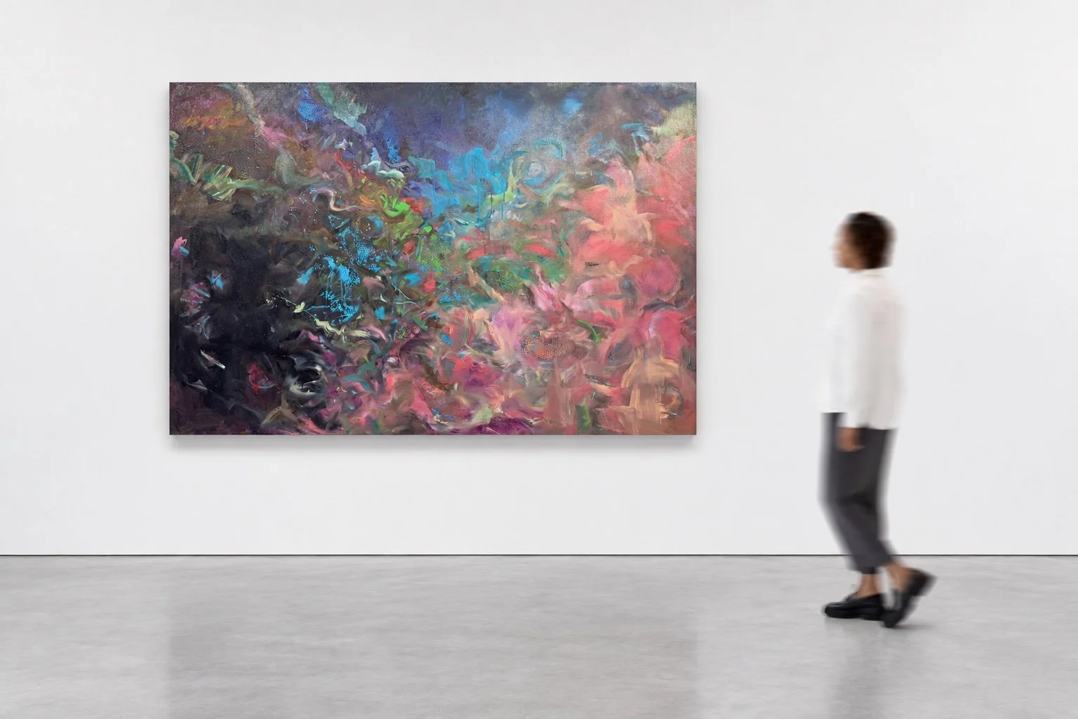 Installation-scale visualization of BIOLUMINESCENT, 2026, shown beside an adult viewer; artwork size 40 × 60 in.