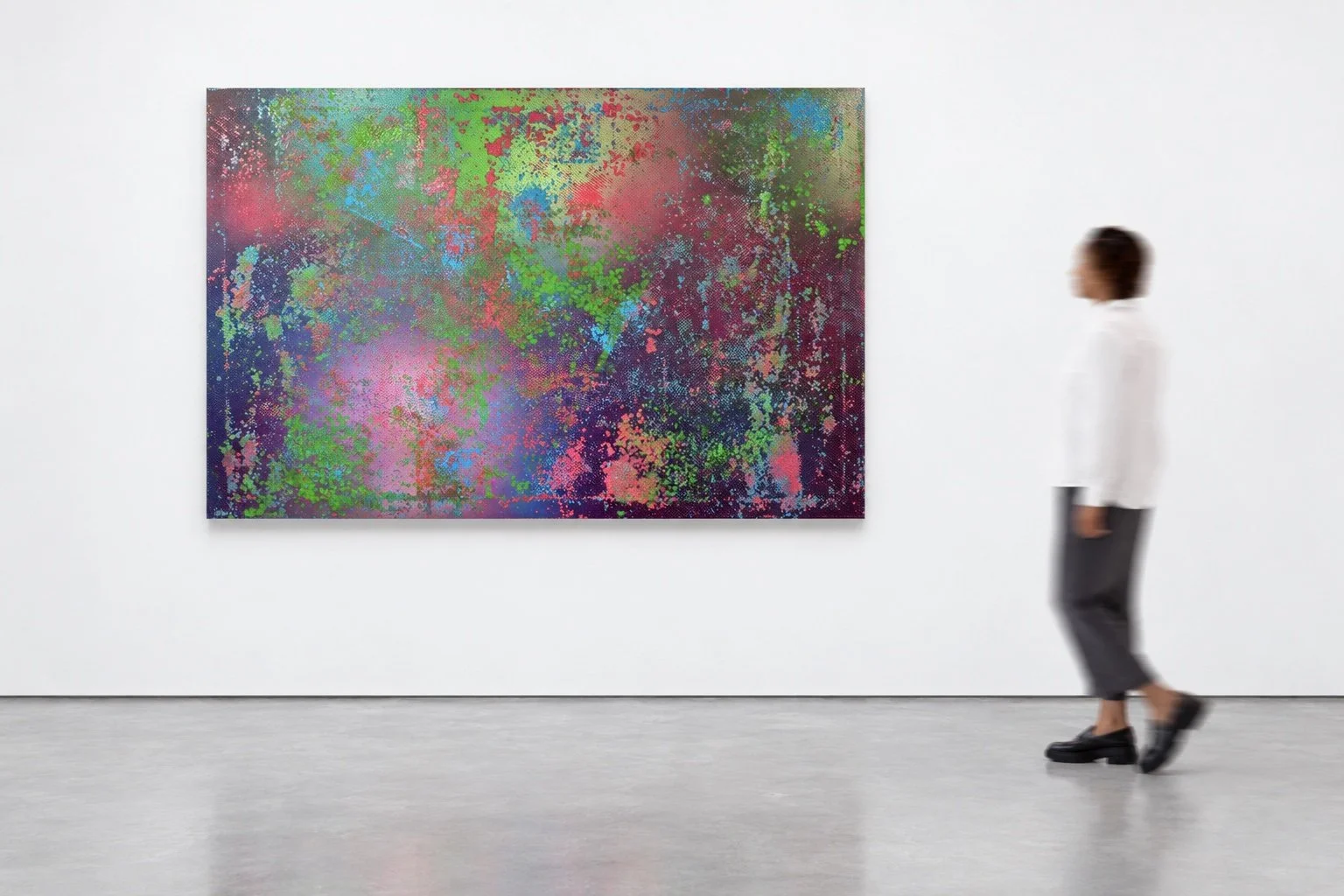 Installation-scale visualization of STATIC BLOOM I, 2026, shown with a viewer for scale.