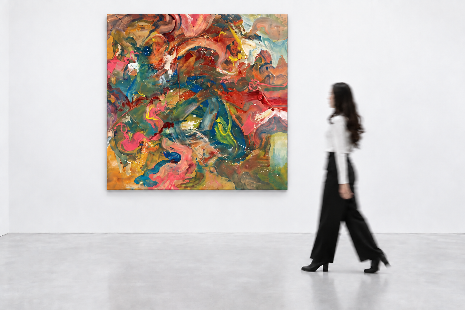 Installation-scale visualization of MAMBO SUN, 2026, shown beside a 5 ft 4 in adult viewer; artwork size 60 × 60 in.