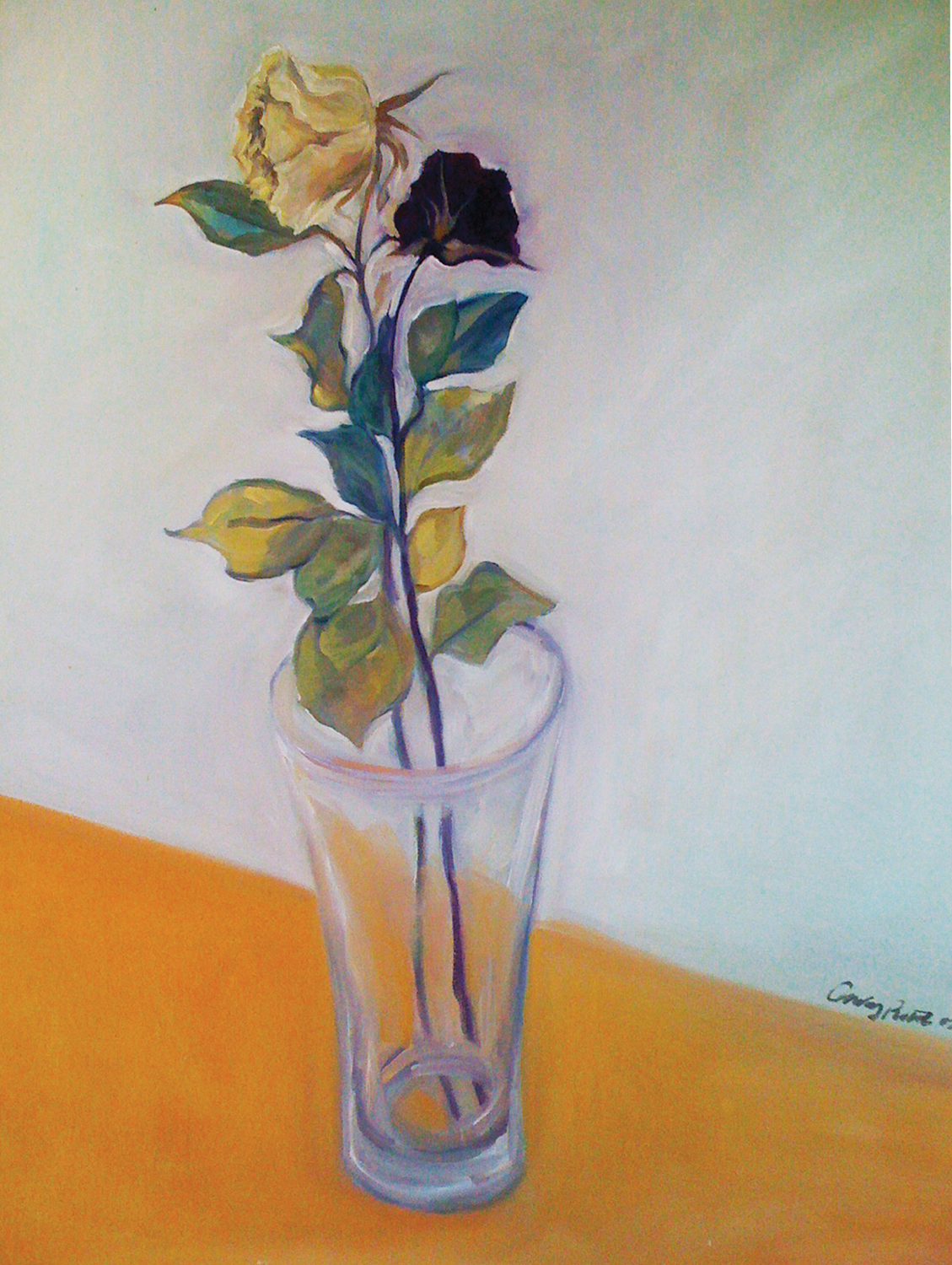 DEAD ROSES IN CLEAR GLASS VASE  2009 
Oil on canvas board.
12 x 16 in
(30.48 x 40.64 cm) 
