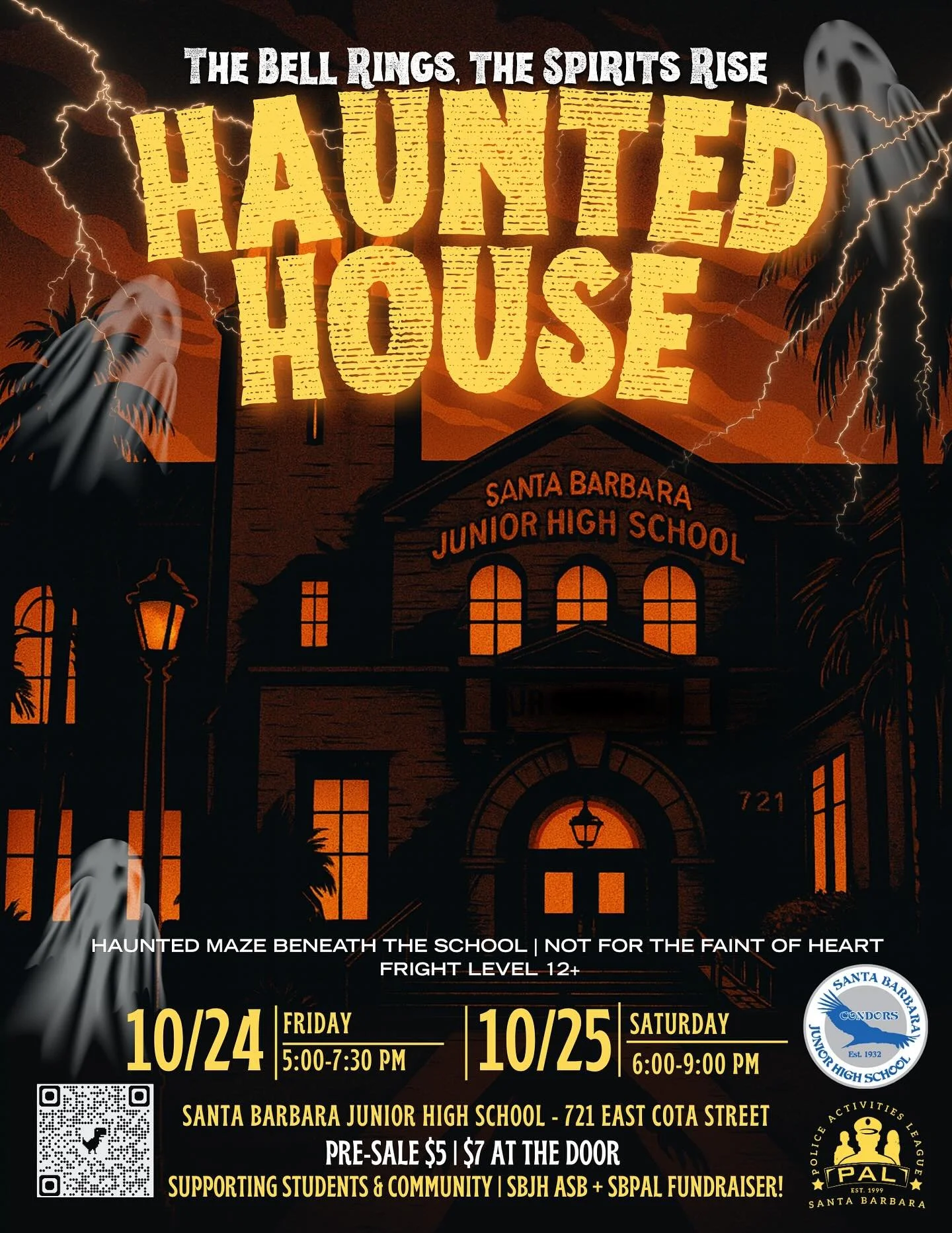 🔔 The bell rings&hellip; the spirits rise!
SBPAL&rsquo;s Haunted House is back &mdash; with a frightful twist 👻
This year, the maze begins beneath Santa Barbara Junior High School!

🗓️ Friday, Oct. 24 | 5&ndash;7:30 PM
🗓️ Saturday, Oct. 25 | 6&nd
