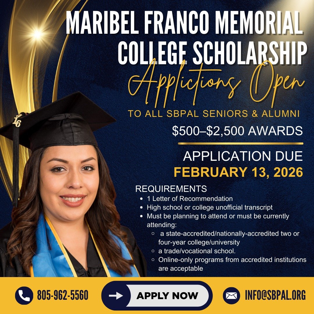 📣 SBPAL Seniors &mdash; this is for YOU!
The Maribel Franco Memorial College Scholarship is now accepting applications for the Class of 2026 🎓✨

✅ Open to students enrolling in college, university, or trade/vocational programs (including accredited