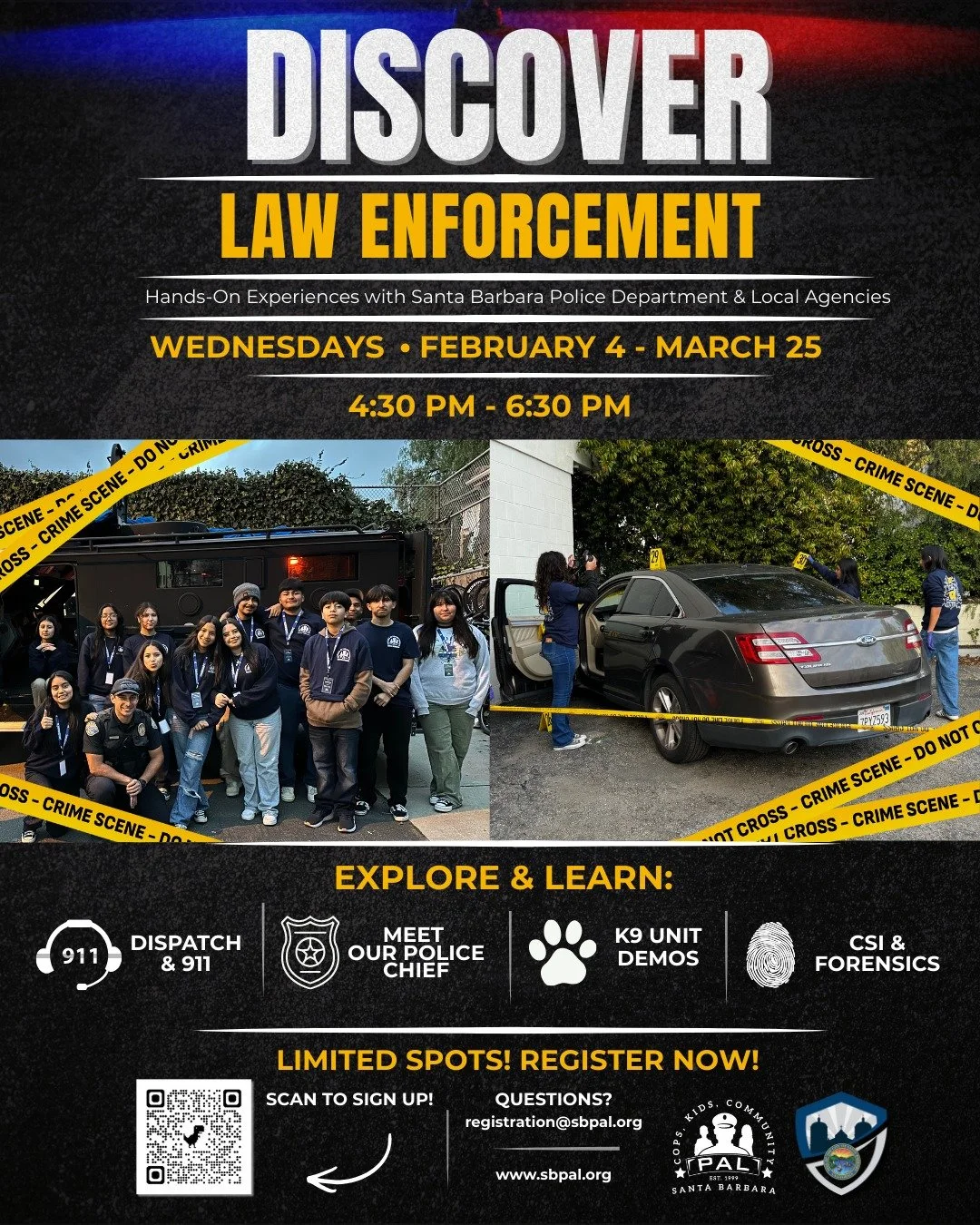 Discover is opening up. 🎉

Join SBPAL and the Santa Barbara Police Department for Discover Law Enforcement 👮🏽&zwj;♂️👮🏻&zwj;♀️
A hands-on program where teens get a real look at careers in public safety and the teamwork behind it. 🚓🧠✨

🗓️ Wedne