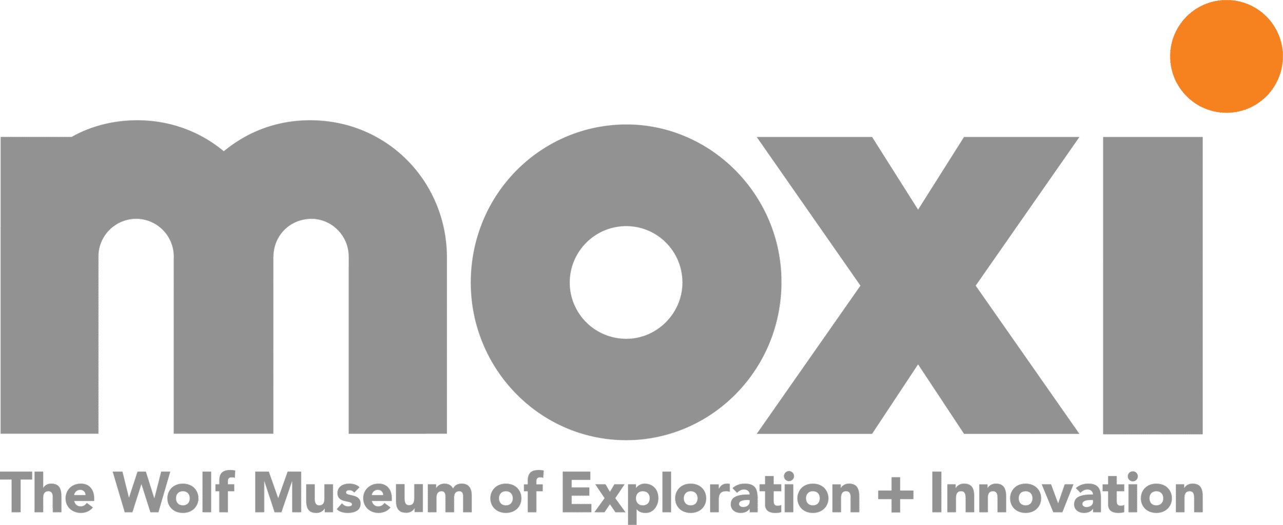 Logo for the Wolf Museum of Exploration + Innovation, featuring the word 'moxi' in large gray letters with a small orange circle representing the sun in the top right corner, and the text 'The Wolf Museum of Exploration + Innovation' below.