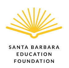 Logo of the Santa Barbara Education Foundation, featuring yellow rays radiating from an open book above the text.