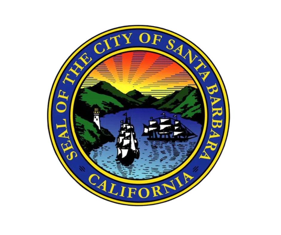 Seal of the City of Santa Barbara, California featuring a sunset over mountains, a lighthouse, and sailing ships in a bay.