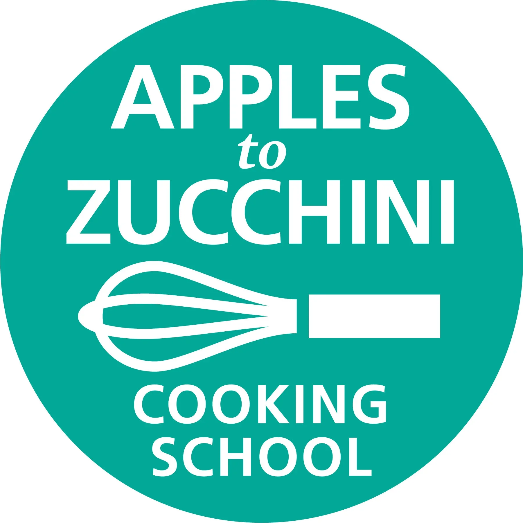 Circular teal logo with white text reading "Apples to Zucchini Cooking School" and a simple white whisk graphic.