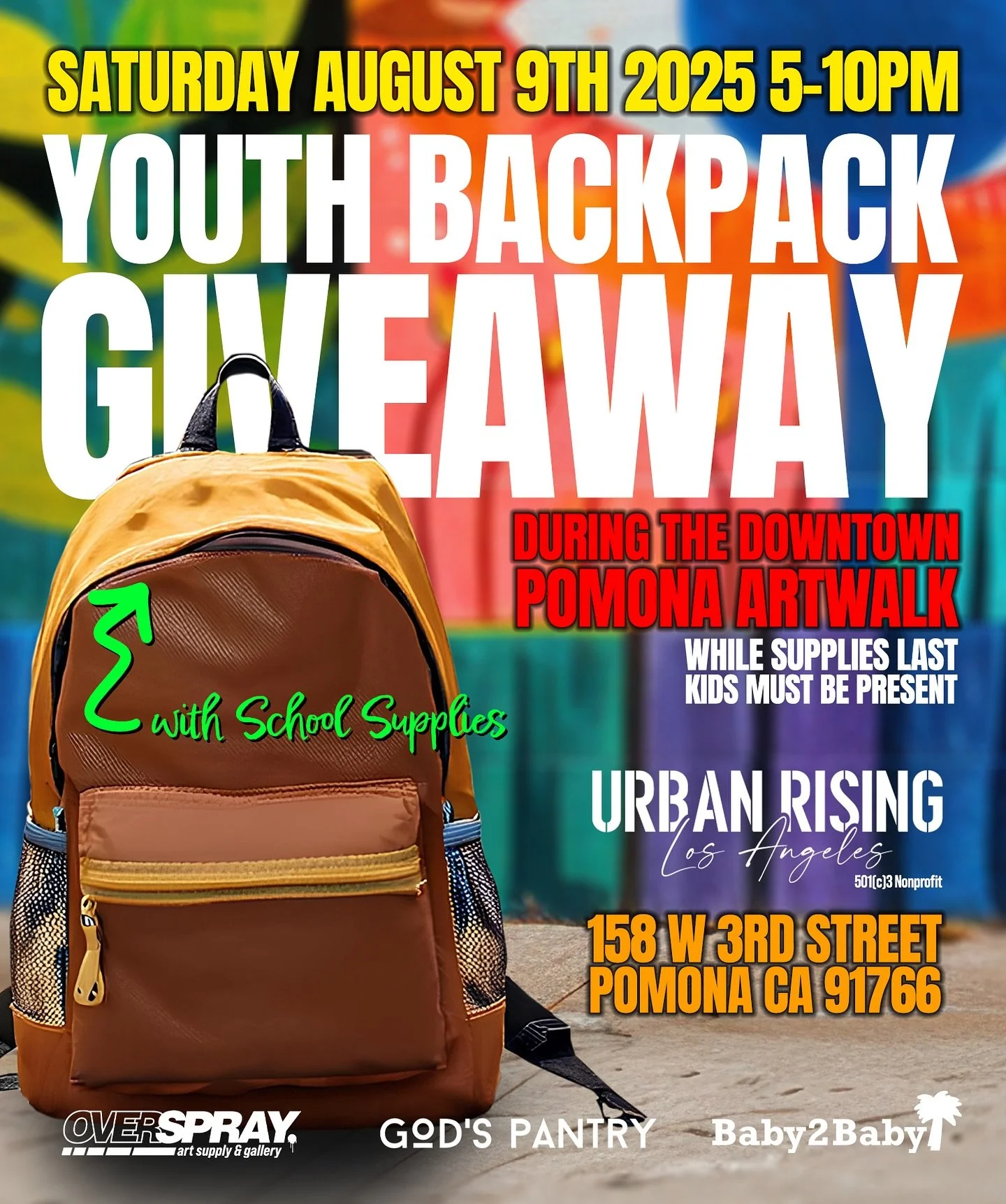 FREE YOUTH BACKPACKS
Urban Rising LA (URLA) has teamed up with @overspray_supply to give away backpacks filled with school supplies &mdash; thanks to @godspantry_org and @baby2baby 

📅 Tonight during the Pomona Art Walk
🕔 5&ndash;10pm &mdash; while