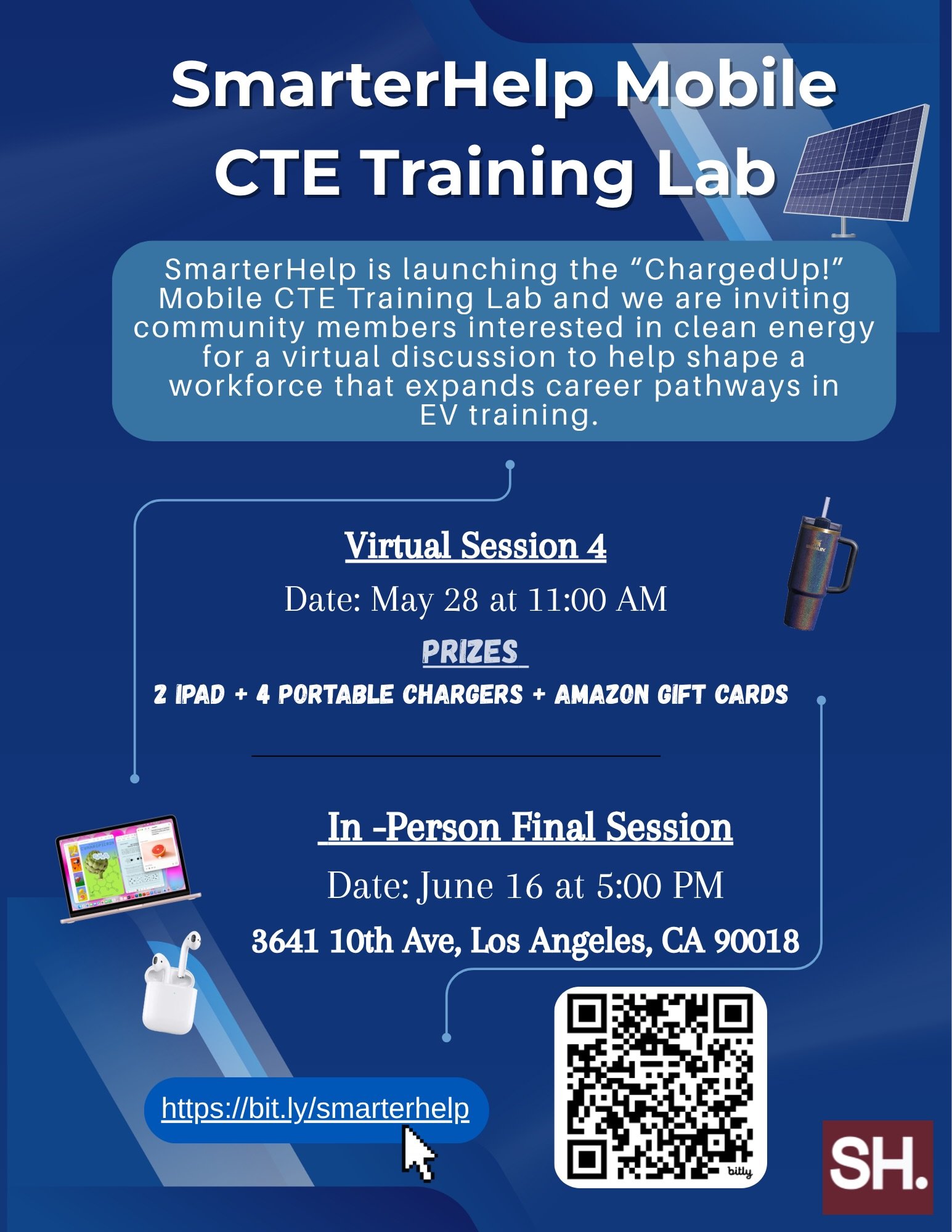 📣 GIVEAWAY 📣

SmarterHelp is launching the &ldquo;ChargedUp!&rdquo; Mobile CTE Training Lab for electrification and clean transportation careers!

Join us MAY 28TH at 11 a.m. via Zoom for a chance to win an IPAD or VISA Gift Card! 💳

Register here