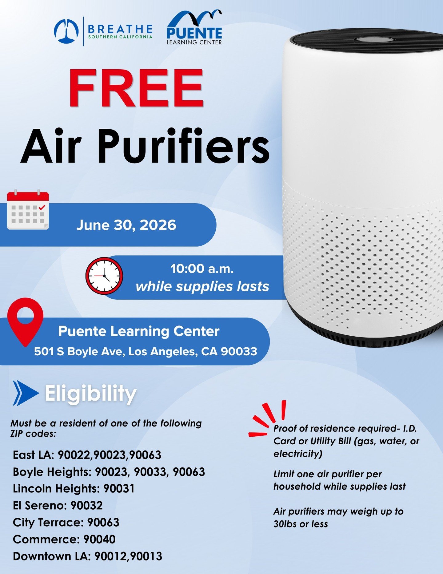 🚨 FREE Air Purifiers for Eligible Residents Impacted by smoke

If you or someone you know lives in Boyle Heights or surrounding communities affected by recent smoke, Breathe Southern California and Puente Learning Center are distributing FREE air pu