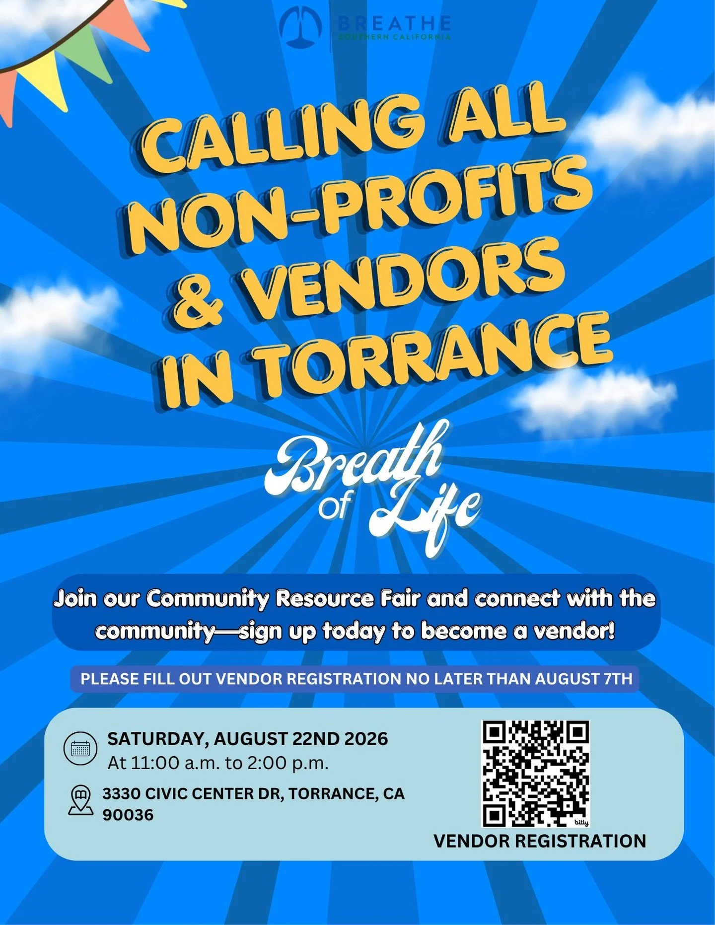 📣 Calling all nonprofits &amp; community vendors in Torrance!

Breathe of Life Electric community resource fair is coming to Torrance and we want YOU there!

Table with us, share your resources, and connect with hundreds of local residents.

Free Fo