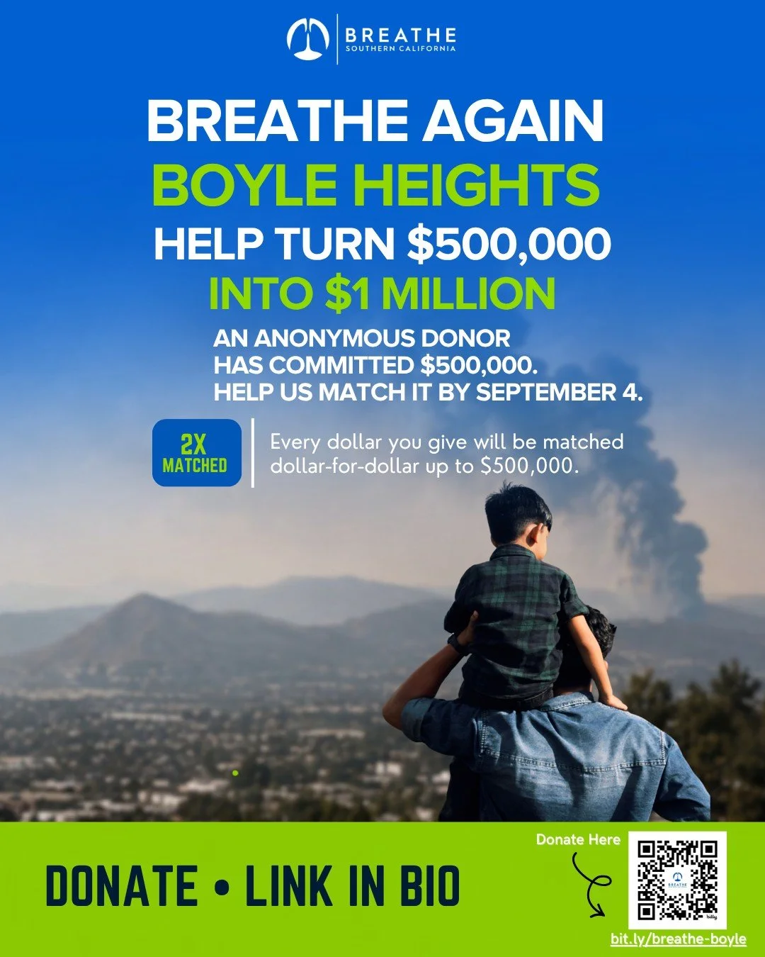 Breathe Again, Boyle Heights. 💚

An anonymous donor has committed $500,000 to support families affected by the Boyle Heights warehouse fire. Now, we need your help to match it and raise $1 million by September 4.

Every donation will be matched doll