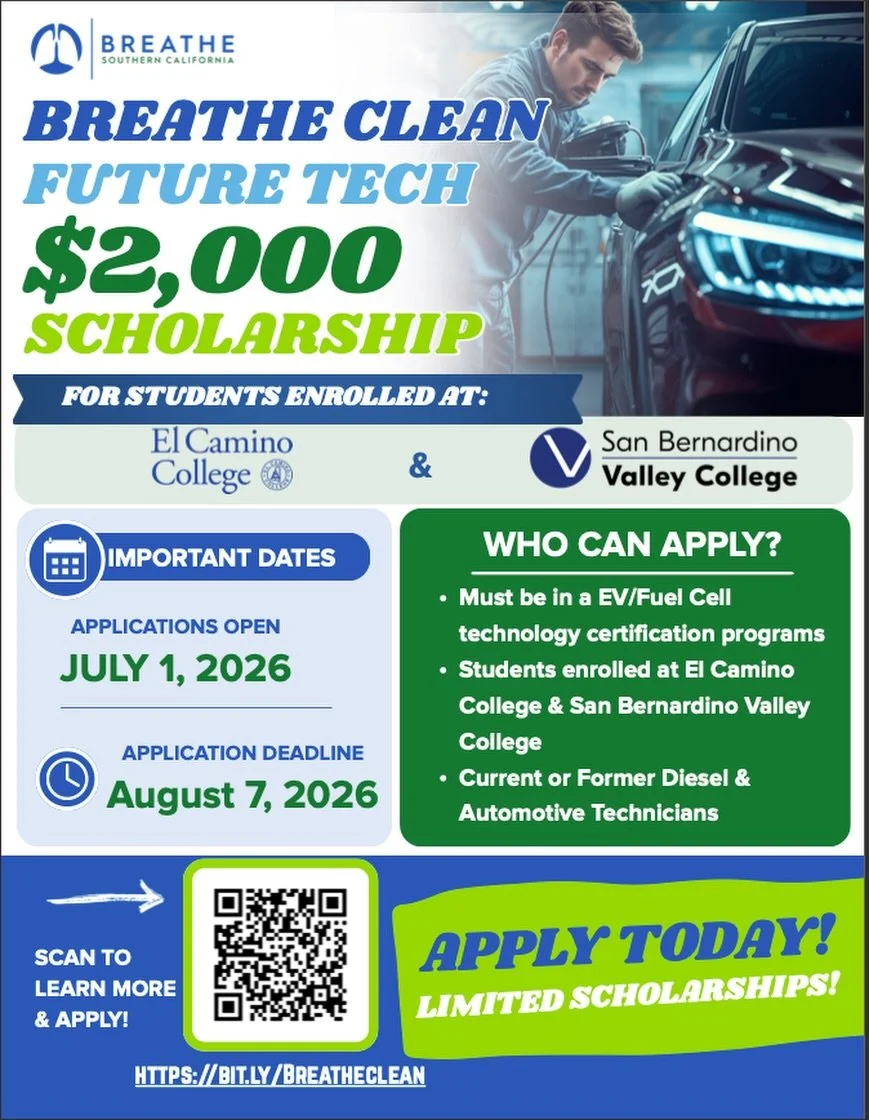 🚗⚡️Calling all future EV &amp; Clean Energy Technicians! ⚡️🚗
Breathe Southern California is excited to offer $2,000 scholarships to help support the next generation of clean transportation professionals!

If you&rsquo;re currently enrolled at El Ca