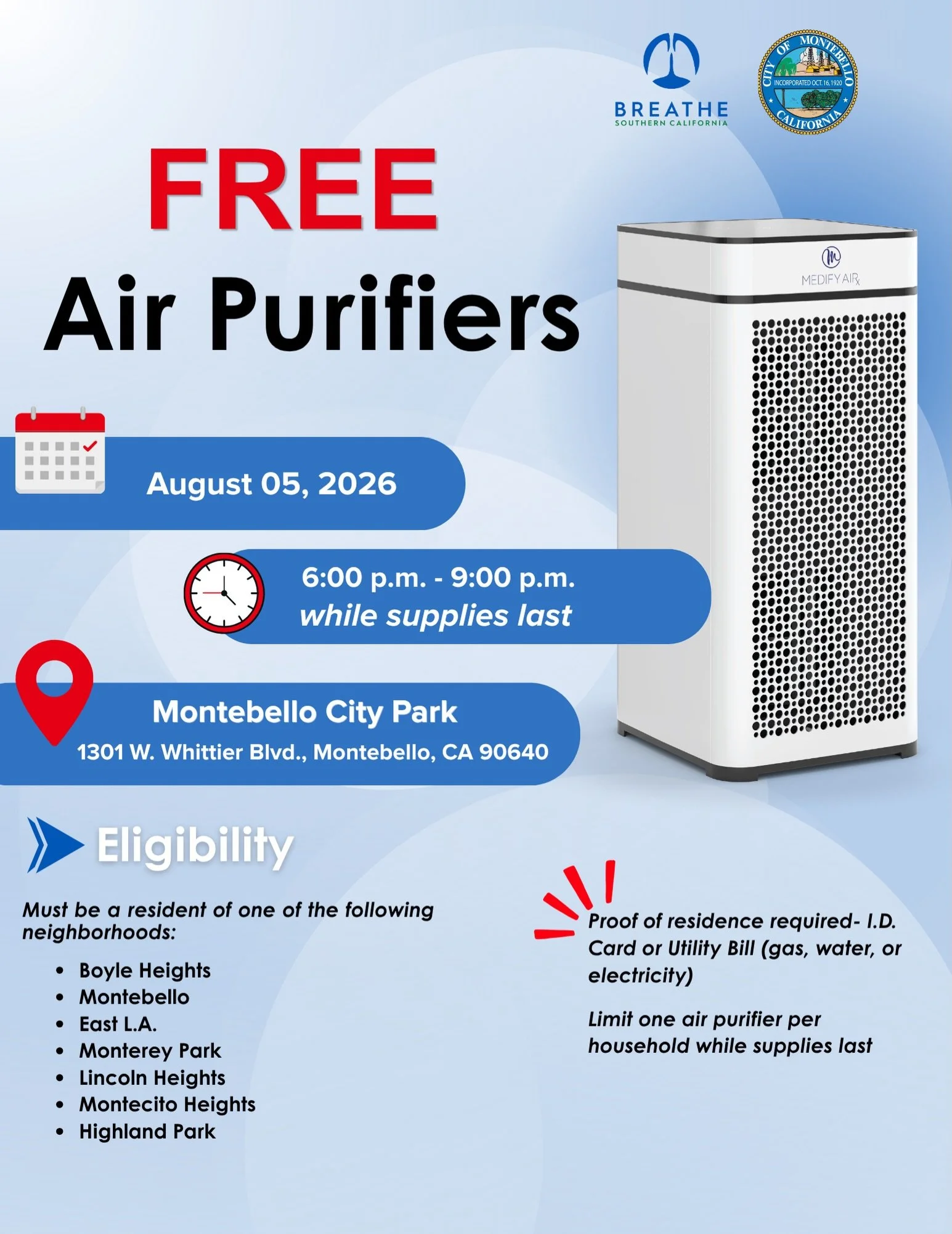 FREE HEPA Air Purifiers / &iexcl;Purificadores de Aire HEPA GRATIS!

If you or your family have been affected by poor air quality, we&rsquo;re here to help.
Si t&uacute; o tu familia han sido afectados por la mala calidad del aire, estamos aqu&iacute