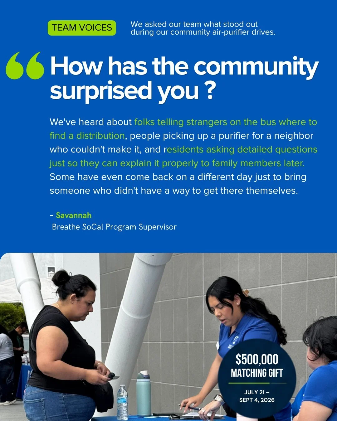 Real change begins when neighbors, and dedicated teams, show up for one another. 💙

Since the Boyle Heights warehouse fire, our team has worked alongside local partners to distribute HEPA air purifiers, share lung-health education, answer families&r