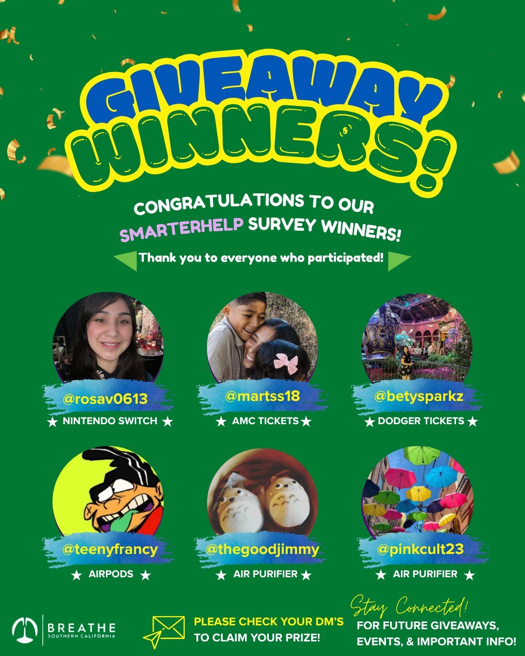 🎉CONGRATULATIONS TO OUR SMARTERHELP SURVEY WINNERS!🎉

A huge thank you to everyone who participated in our SmarterHelp survey! Your feedback helps us better understand community needs and continue supporting healthier communities across Southern Ca