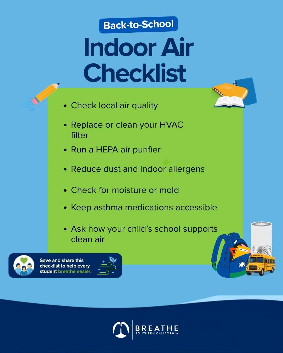 🎒✏️ Clean air belongs on every back-to-school checklist.

As families prepare for a new school year, simple steps, like replacing air filters, using a HEPA air purifier, reducing indoor allergens, and keeping asthma medications accessible&mdash;can 
