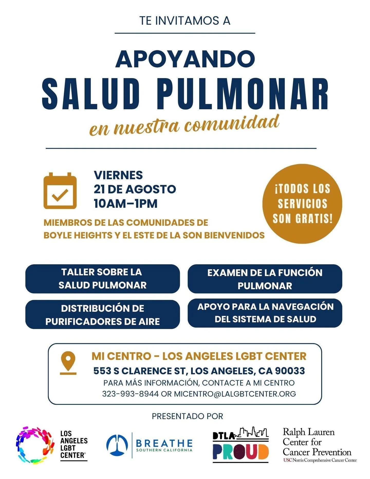 🌬️Join us for a day dedicated to lung health with Breathe Southern California! 
We&rsquo;ll be at Mi Centro - Los Angeles LGBT Center on August 21st, offering free lung education, lung function screenings, and air purifiers for the community.

 Let&