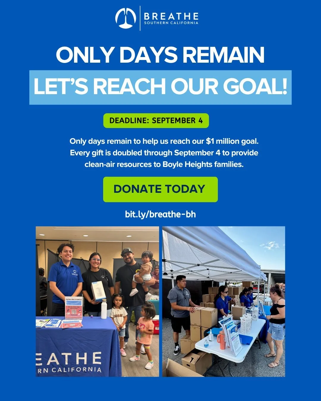 Only days remain to double your impact for Boyle Heights. 💙

Through September 4, every donation will be doubled as we work toward our $1 million goal. Your support helps provide HEPA air purifiers, N95 masks, clean-air education, and respiratory-he