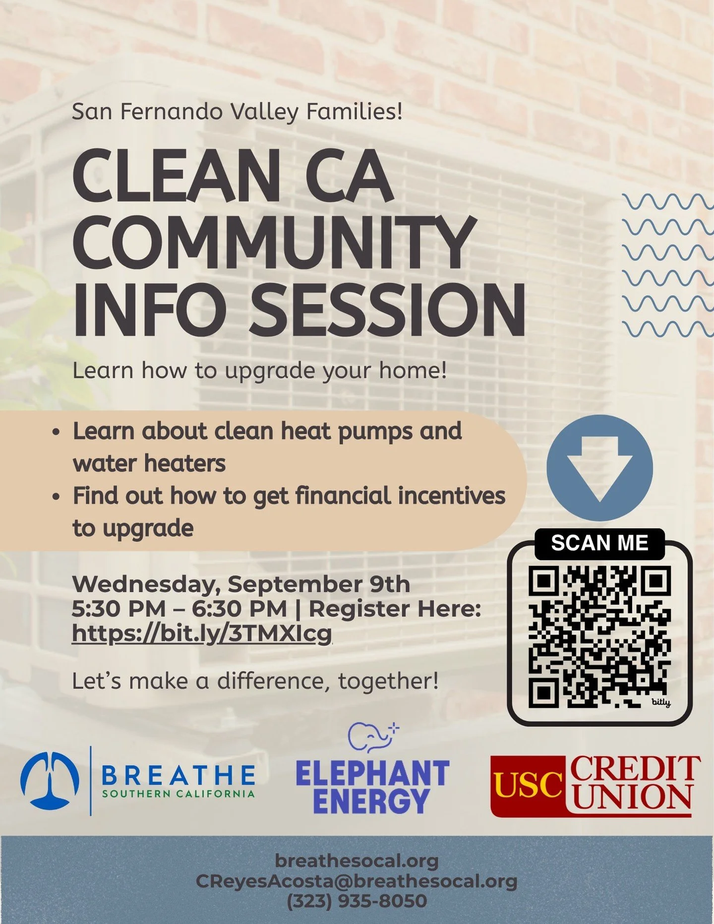 There's still time to join!

Join us and Elephant Energy for a Clean CA Community Information Session! 🌿

We will hold an online webinar to talk about new rebates to upgrade your home to energy-efficient and clean AC systems.

You will learn about e