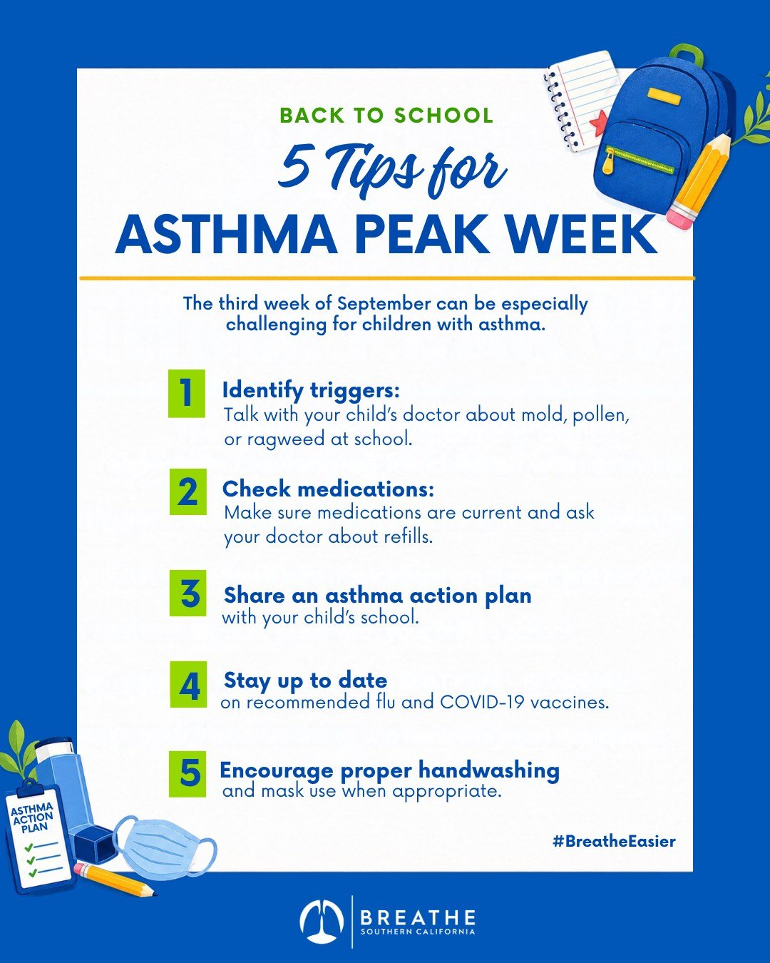 🎒 Back-to-school season is here and Asthma Peak Week is approaching.

The third week of September can be especially challenging for children with asthma as seasonal allergens, respiratory illnesses, and returning to school may increase exposure to t