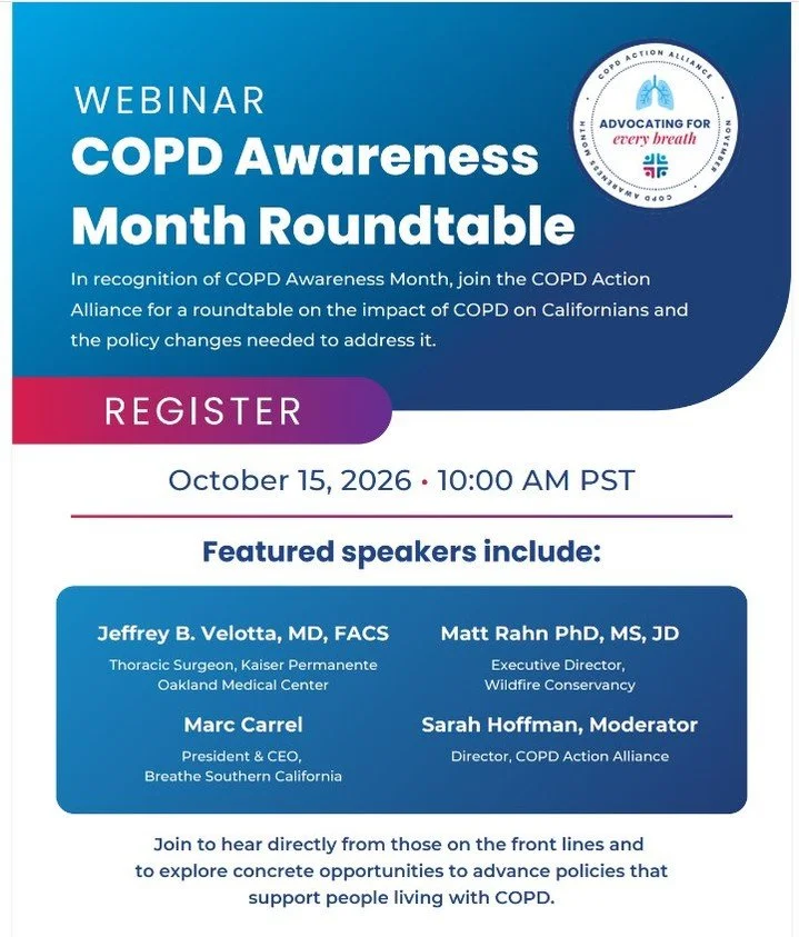 🫁 Every breath matters. Every voice counts.

In recognition of  COPD Awareness Month, join the COPD Action Alliance for an important conversation about the impact of Chronic Obstructive Pulmonary Disease (COPD) on Californians and the policy changes