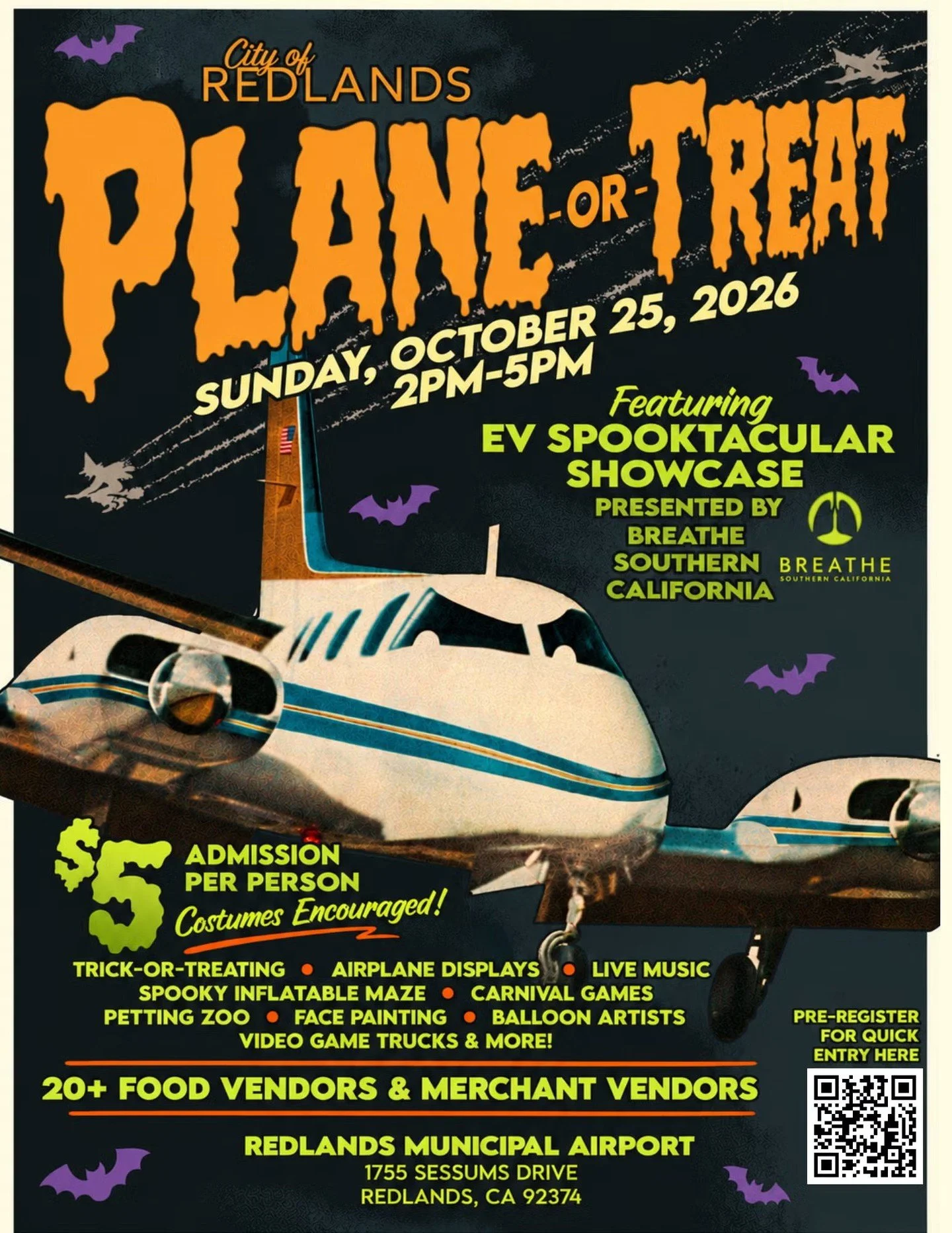 🎃 SPOOKY PLANS?? 👻

Join Breathe Southern California at the City of Redlands&rsquo; Plane-or-Treat community event for our EV Spooktacular Showcase! 🚗⚡

📅 Sunday, October 25, 2026

2&ndash;5 PM
Redlands Municipal Airport

Enjoy airplane displays,