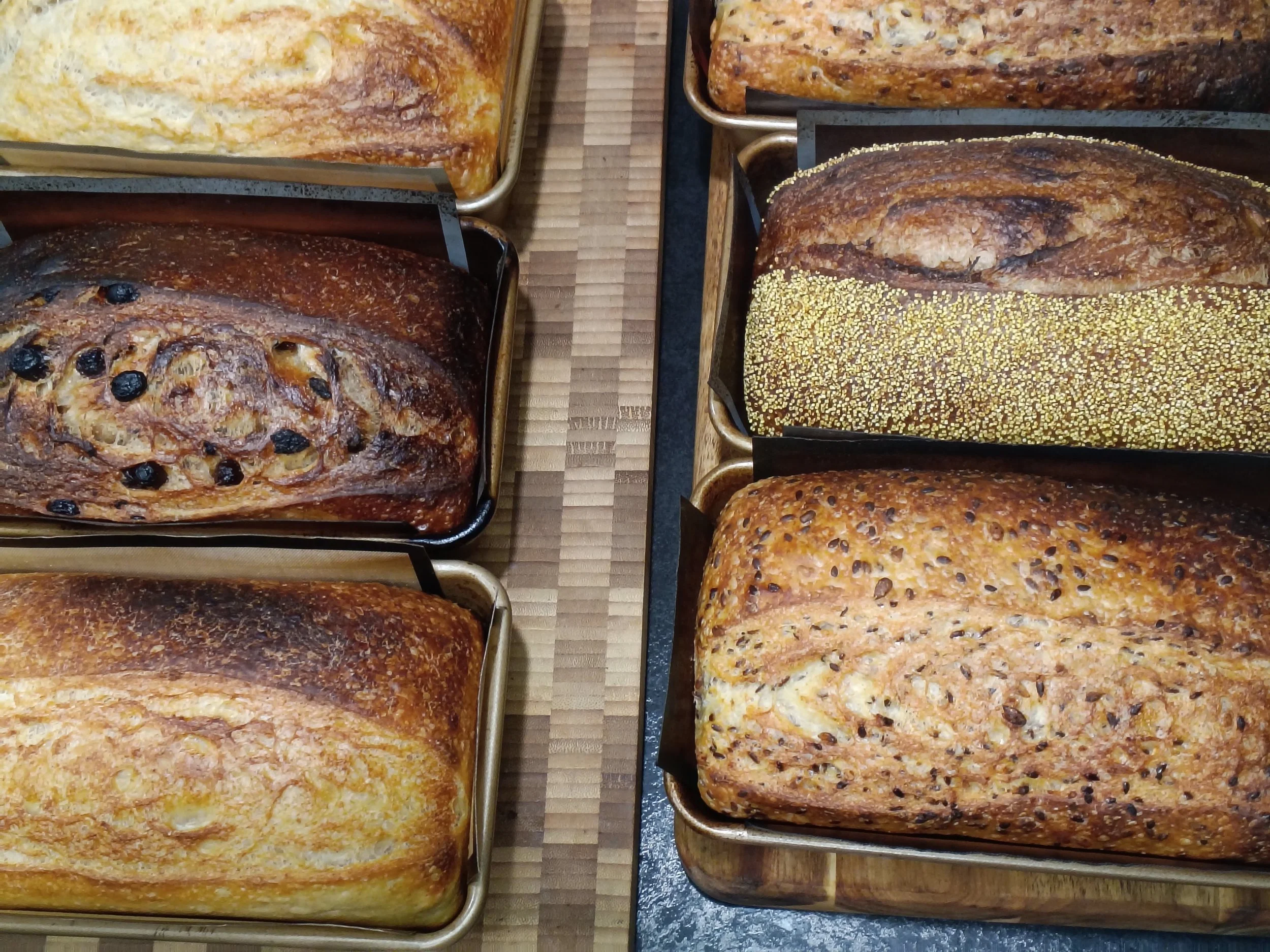 Baked sourdough loaves in tins, six loaves, four different flavours, classic, seed, sultana, Marmite