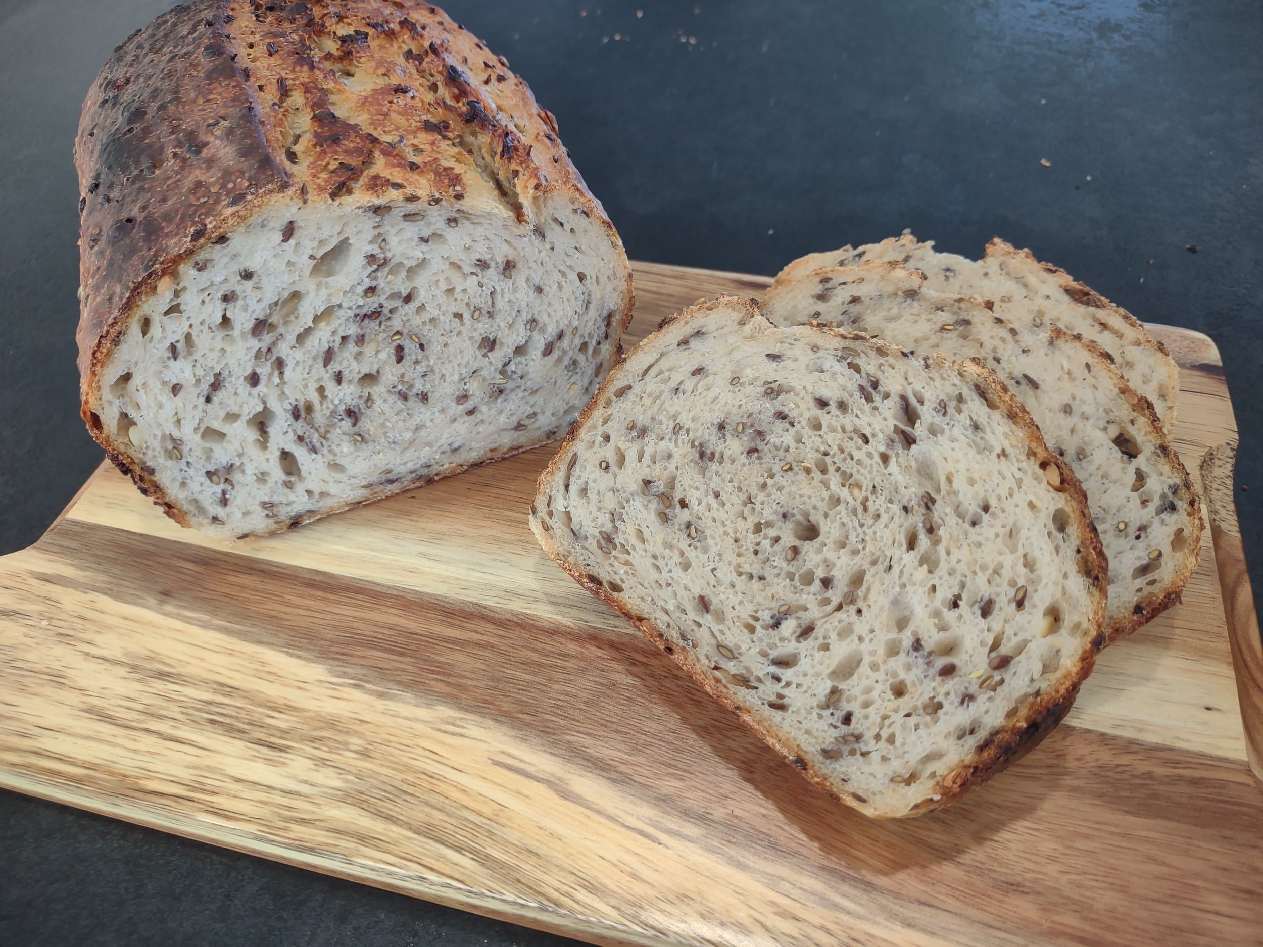 Sunflower linseed sourdough loaf sliced