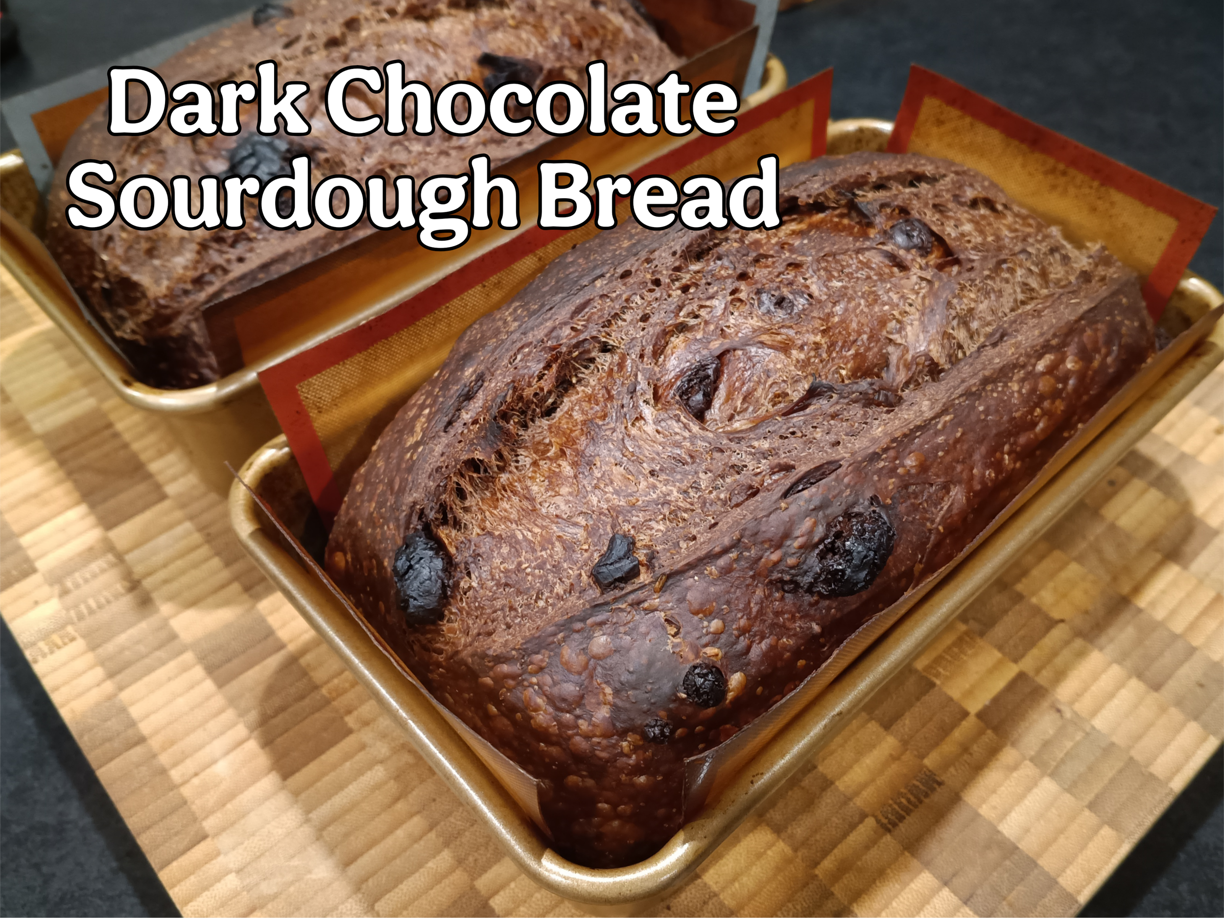 Freshly baked dark chocolate sourdough loaf in tin, exposed chocolate, made by Meg at Kapiti Delicious Doughs