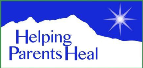 Logo with blue background, white mountain outline, and a shining star in the top right corner, with the text 'Helping Parents Heal'.