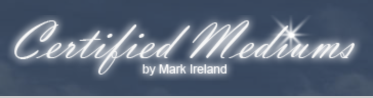 Logo that reads 'Certified Mediums by Mark Ireland' in white cursive font against a blue sky background.