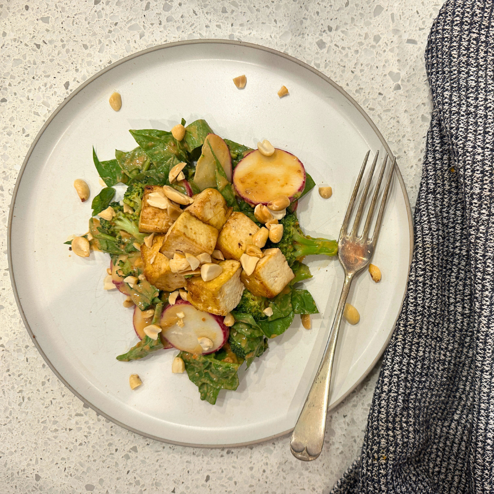 Easy Peanut Tofu (or chicken) and broccoli bowl.