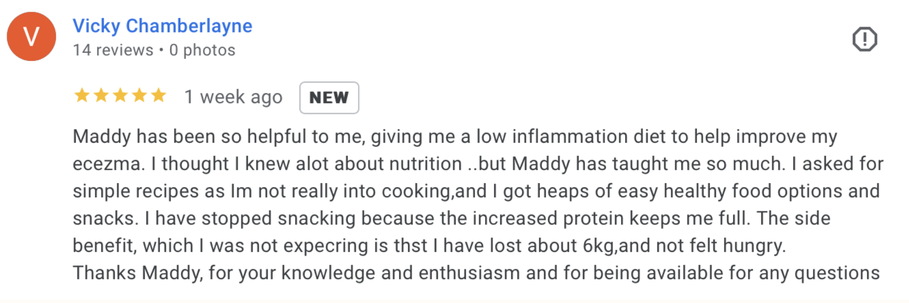 A screenshot of a customer review for a product, showing the name Vicky Chamberlayne, 14 reviews, no photos, a five-star rating, and a detailed positive testimonial about how Maddy helped improve their health and weight management.