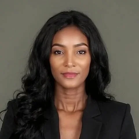 A businesswoman with long, wavy black hair and light makeup, wearing a black blazer, looking directly at the camera against a plain background.