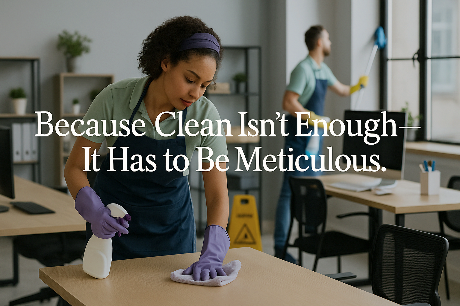 A woman wearing purple gloves cleaning a desk with a spray bottle and cloth in an office setting, with another person in the background cleaning windows. The text overlay says, 'Because Clean Isn’t Enough- It Has to Be Meticulous.'