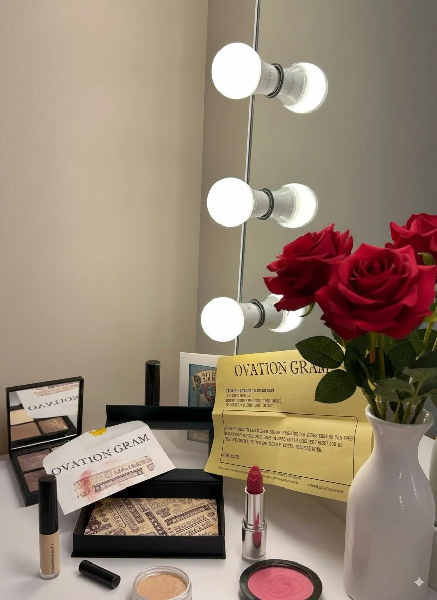 The image shows dressing room backstage.  The vanity table with a large mirror has an Ovation Gram telegram affixed to the mirror. Red roses, stage makeup and other greeting cards are on display.