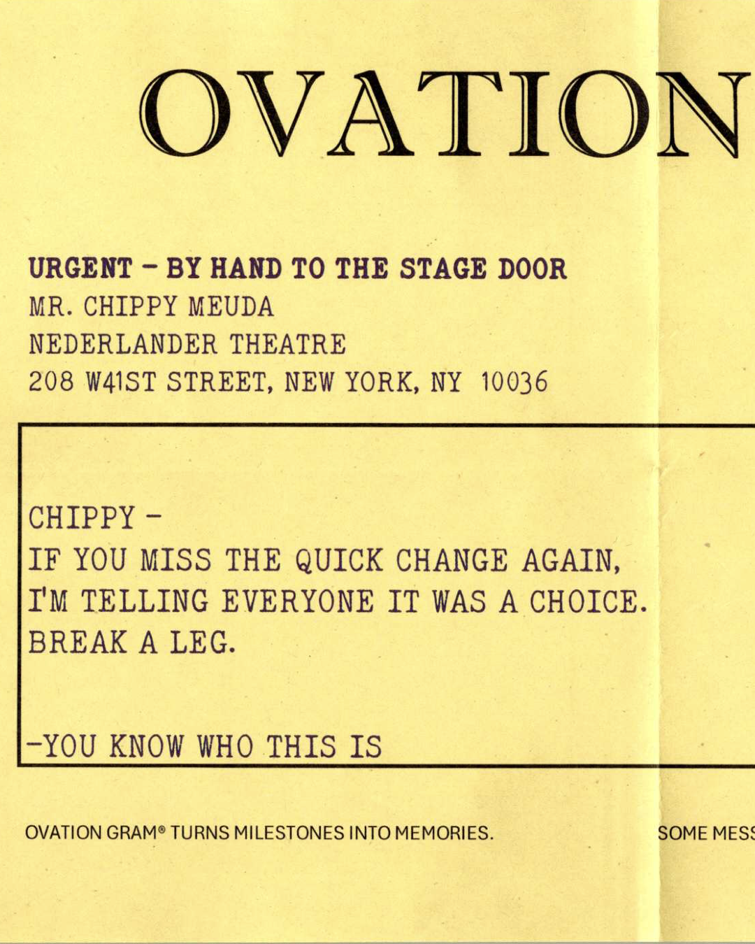 An Ovation Gram to Chippy is shown.