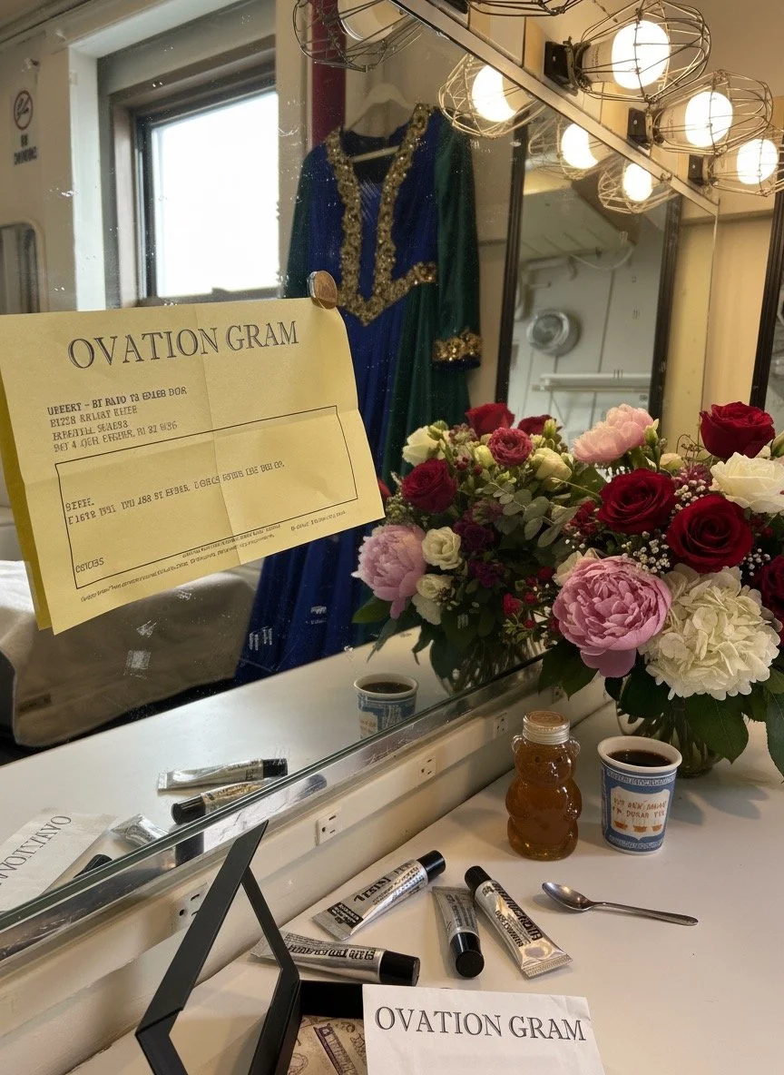 A Broadway backstage dressing room vanity with an Ovation Gram affixed to the mirror.  Backstage items are on display  with a coffee cup, spoon, and a bouquet of flowers, visible mirror in background with a blue dress hanging.