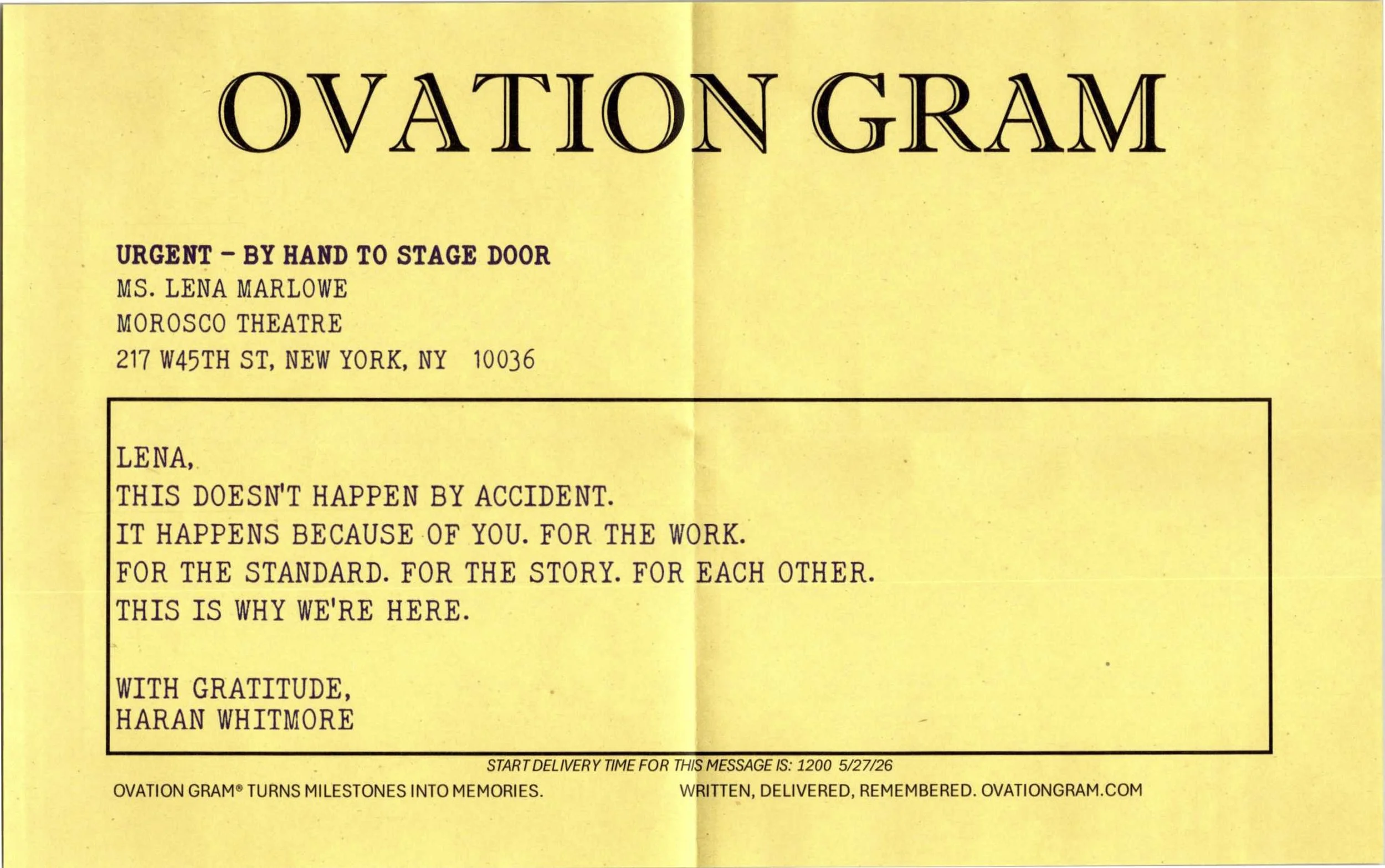 A yellow Ovation Gram Sample.
