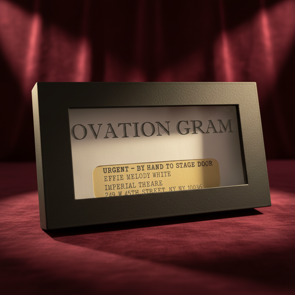 A new Ovation Gram inside a secure box with the text 'Ovation Gram clearly visible. Below, there part of the address show purple text that reads: 'Urgent - By Hand to Box Office, at Stage 42, 422 W42nd Street, New York, 10036'.