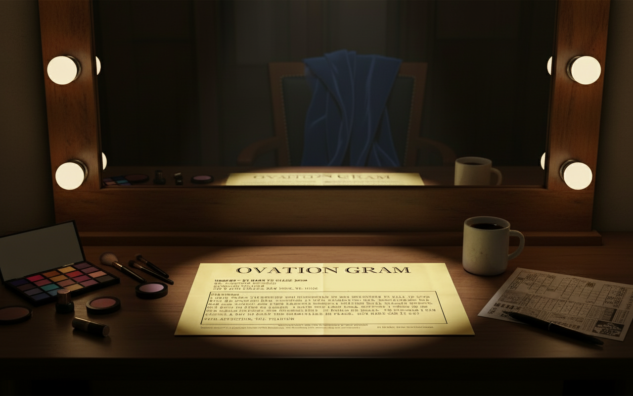 An Ovation Gram is in the spotlight at a dressing room mirror.  A robe sits on a chair reflected in the mirror.  Makeup tools and a coffee mug on a dressing table.