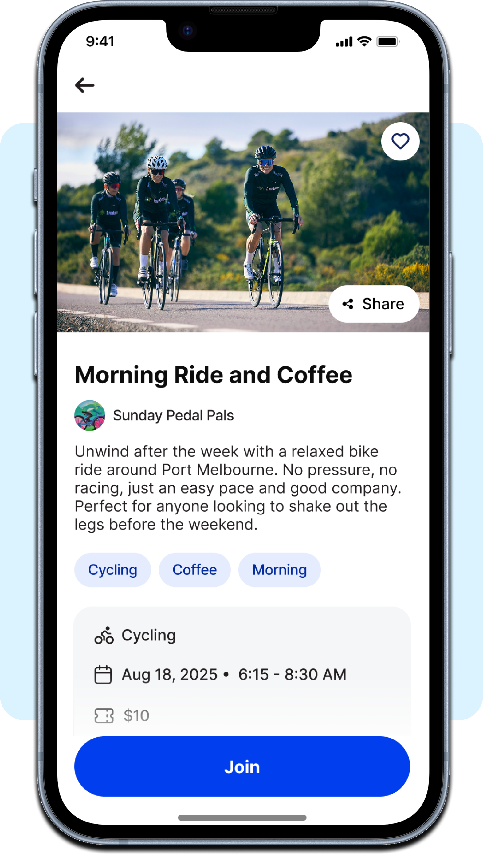 Join
When you're done browsing, join events in a few clicks. All that's left to do is get moving.
