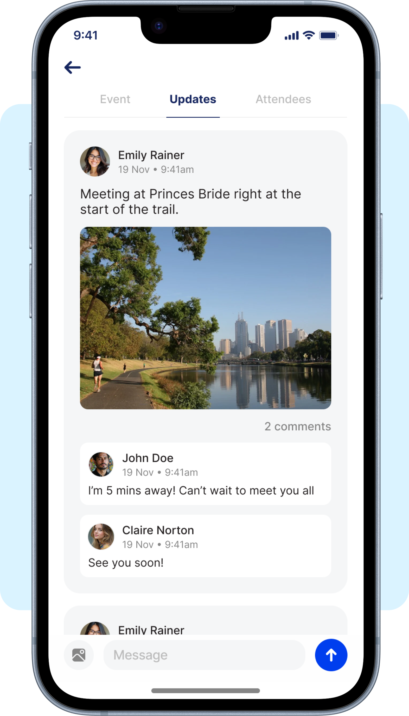 Updates
Share updates, changes, and news with everyone attending your events.