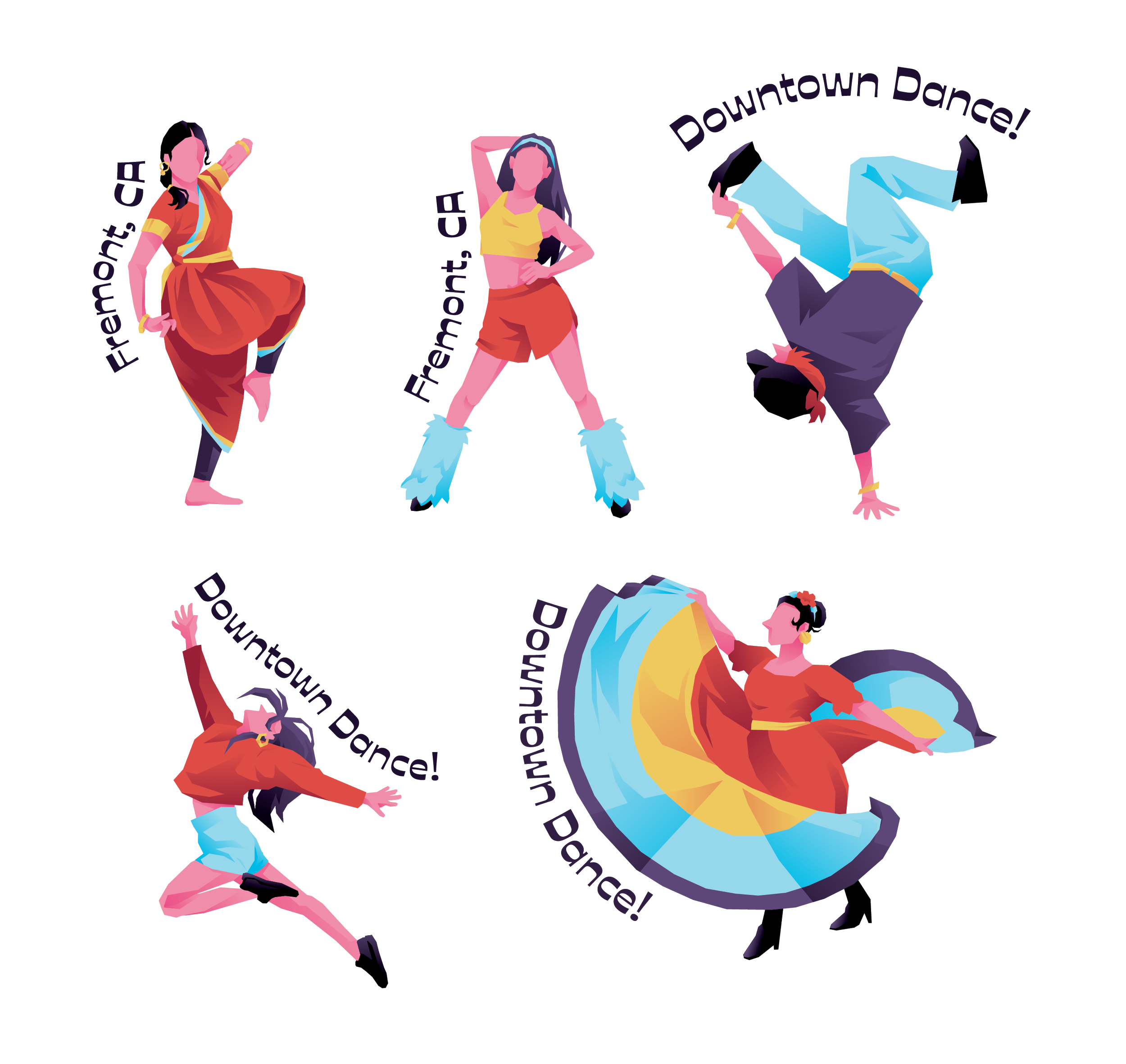 Colorful illustrations of multicultural dancers.